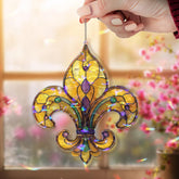 Fleur de Lis Acrylic Suncatcher, Elegant Yellow and Purple Window Hanging Panel, French Symbol Decorative Wall Art Home Decor Gift
